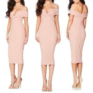 NWT Nookie Revolve Athena Off Shoulder Midi Bodycon Dress Blush Light Pink Small